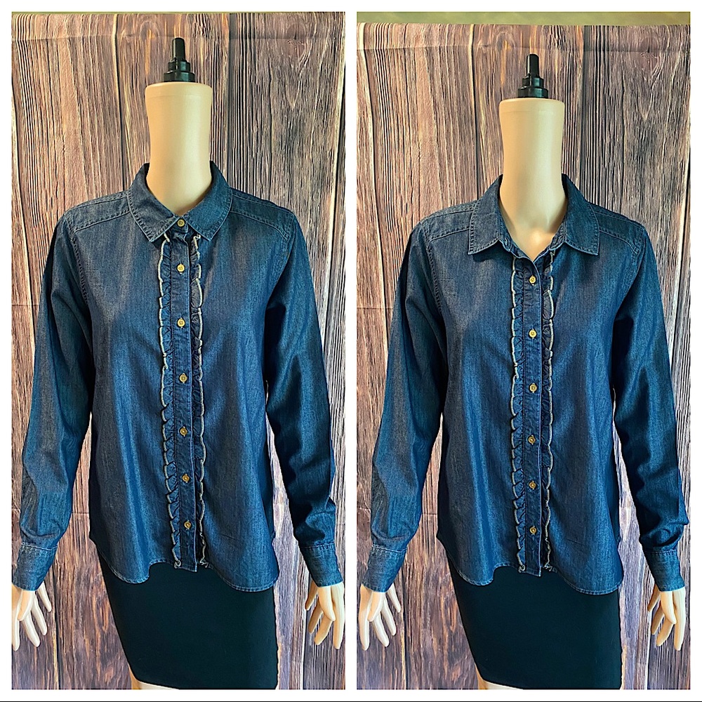Jones New York size petite medium MP NWT boho ruffle front shirt dark